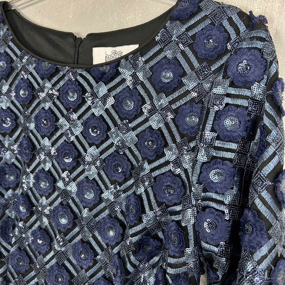 Badgley Mischka size 12 sheath dress navy textured floral sequin short sleeve - Picture 5 of 11